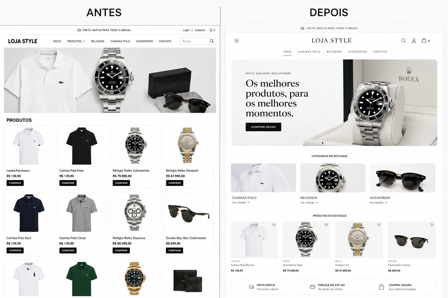 Comparativo: loja antes e depois da APEX COMMERCE